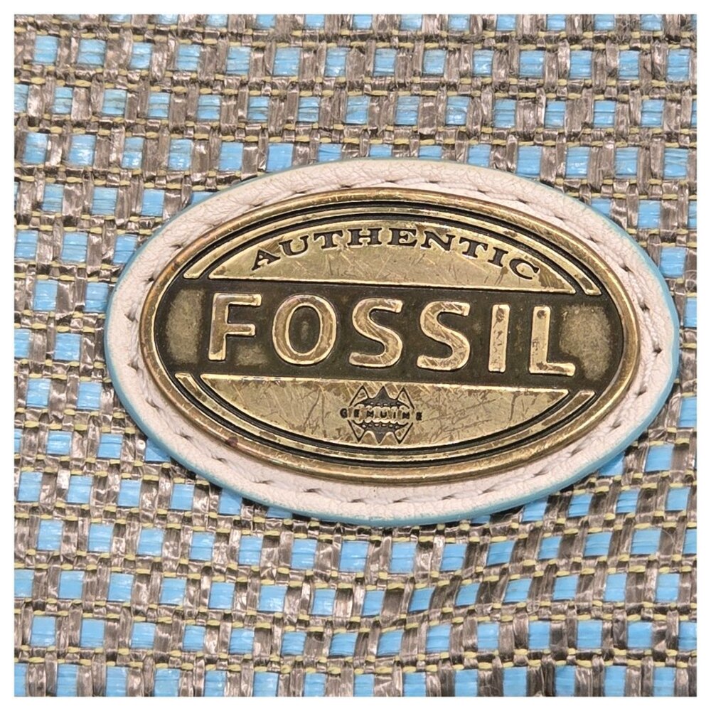 FOSSIL Explorer Woven Straw Triple Zip Hipster Crossbody Handbag Blue Beige EUC - Picture 7 of 16
